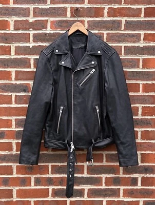 All Saints Mens RIGG Leather Biker Jacket LARGE Black Bomber Allsaints Belted - Image 1 of 4