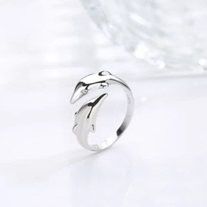 Wonderful Double Dolphin Cuff Women's Band In Bright Finish 10K White Gold - Picture 1 of 2