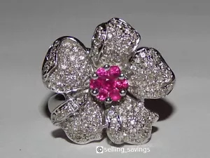 14K WHITE GOLD DIAMOND & PINK SAPPHIRE PAVE 9/10th INCH WIDE HEAVY FLOWER RING - Picture 1 of 7