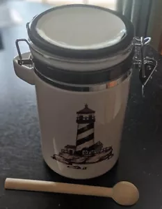 Totally Today Lighthouse Flour Canister Spoon Hinge Lid Nautical Trinket Box Jar - Picture 1 of 6