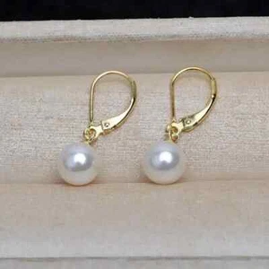 AAA 7-6mm South Sea white Natural Pearl Earrings 14K Yellow Gold - Picture 1 of 3