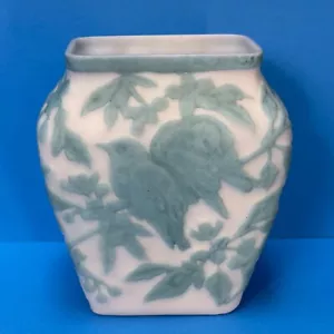 Vintage 1930er Phoenix konsolidierte Kunst Glas Bluebirds Lovebirds Vase 6-1/2" - Bild 1 von 6
