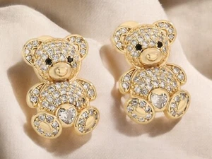 TEDDYBÄR 14K VERGOLDET OHRSTECKER DESIGN MIT WEISSER MICROPAVE CZ GESCHENK - Bild 1 von 13