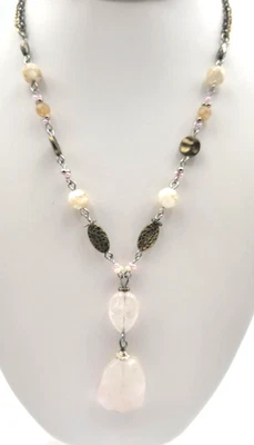 Collar Colgante Cuarzo Rosa Bronce Rosa Tono Crema Acento Cuentas Doble Cadena Foto 1 de 4