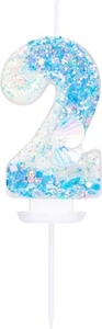 Number 2 Candle with 3D Sea Shell and Frozen Blue Sequins Glitters for Boy Girl - Picture 1 of 9