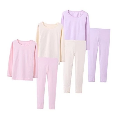  Big Girls Boys 3 Sets (6pcs) Cotton Longs Sleeve 7-8 Years Pink/Purpe/Beige - Image 1 of 4