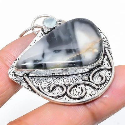 Pendente In Argento Sterling 925 Con Gemma Maligano Jasper E Calcedonio 2.13" - Immagine 1 di 4