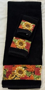 Fall Sunflower Leaf Bath Towel Set Bathroom Decor Brown Red Yellow Orange 3 Pc - Picture 1 of 5