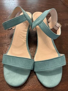 Dressy Wedge Sandals, Turquoise Suede Look, Size 40, Side Buckle, 2.5” Heel Ht. - Picture 1 of 5
