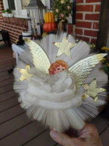 VINTAGE NATIONAL TINSEL GESPONNEN GLAS ENGEL BAUMAUFSATZ ALTPAPIER GESICHT ENGELSHAAR - Bild 1 von 4