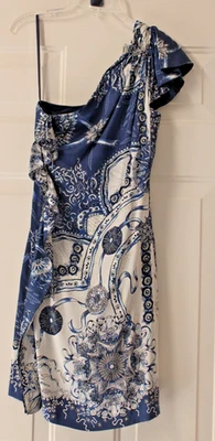 ROBERTO CAVALLI Blue Print Silk One Shoulder Mini Dress Size 36 XS - Image 1 of 4