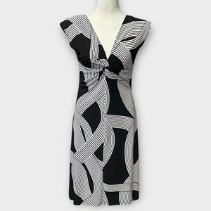 Blu Sage Sheath Dress Size 6 Black White Geometric Cap Sleeve V Neck Stretch USA - Picture 1 of 15