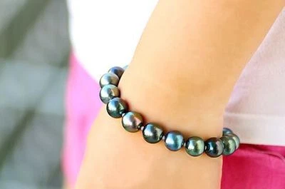 Natural 7.5"-8"9-10MM GENUINO Pavo Real Tahitiano Pulsera Perla Redonda Foto 1 de 4