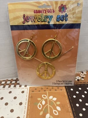 NUEVO Conjunto de Pendientes y Collar Disfraces USA Groovy Años 60 Flor Hippie Niño Paz Foto 1 de 4
