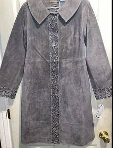 Emilie D Leather Suede Gray Embellished Lined Long Coat-Size 12-Free Shipping - Picture 1 of 2