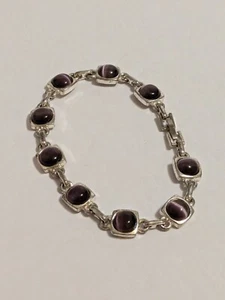 Purple Faux Cats Eye On Silver Tone Square Link Bracelet. Bezel Set. 7 3/4". - Picture 1 of 16