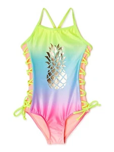 $45 XOXO Girls One Piece Swimsuit Pineapple Sz 5 6 S Pink Purple Ombre Lace up - Picture 1 of 1