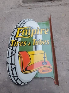 Porcelain Empire Tires & Tubes Enamel Sign Size 16" x 24" Inches 2 Sided Flange - Picture 1 of 2
