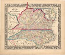 1860 Virginia & N Carolina Mitchell antique map 15.2" x 12.7" vibrant hand color