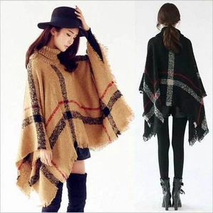 Lady Poncho Stole Cape Shrug Wrap Shawl Jacket Jumper Sweater Polo Neck Warm New - Foto 1 di 40