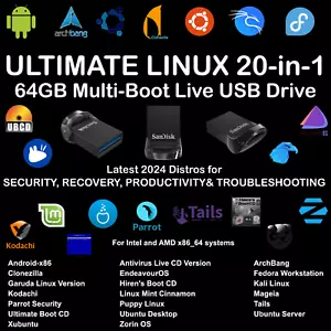 Ultimate 20 Linux Distros LiveUSB PlugPlay, Secure OS, System Recovery, Pen test - Picture 1 of 24