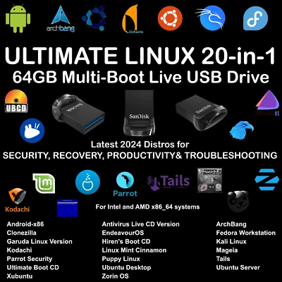 Ultimate 20 Linux Distros LiveUSB PlugPlay, sistema operativo seguro, recuperación del sistema, prueba de lápiz Foto 1 de 4