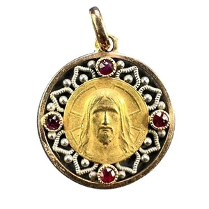 French Vernon Jesus Christ 18K Yellow Gold Ruby Charm Medal Pendant - Picture 1 of 15