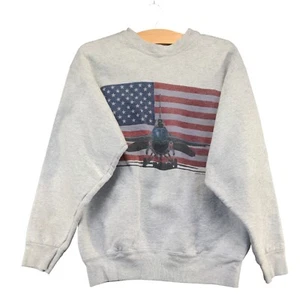 Mach 1 Women's American Flag Plane Pullover Sweatshirt Medium Gray Vintage USA - Picture 1 of 11