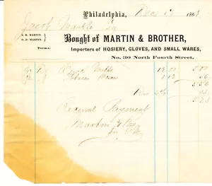 Recibo con membrete cabeza de billete de 1862 - Martin & Brother - Philadelphia para Markle - Imagen 1 de 1