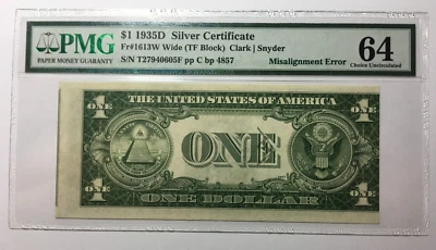 $1 - 1935D  Silver Certificate 🛑 FIRST PRINT MISALIGNMENT  ERROR 🛑 PMG 64 ✔ - Image 1 of 3