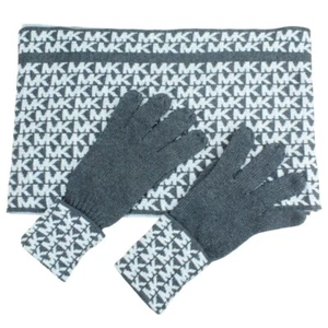 Michael Kors Logo Polyester Gray Black Breathable Stretch Scarf Gloves Set OS - Picture 1 of 9