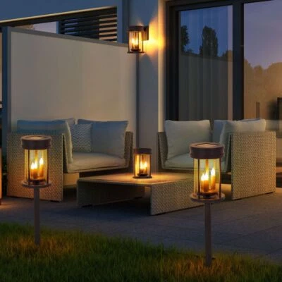 LED Solar Lampe 3in1 Wand Steck Leuchte Außen Feuer-Effekt Erdspieß Garten Deko - Bild 1 von 4