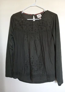 Knox Rose eyelet lace prairie Olive Green blouse size M - Picture 1 of 3