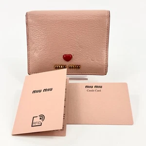 MIU MIU Madras Love Heart Wallet Bi-fold Leather Pink Red Auth/From Japan - Picture 1 of 24