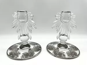 Vintage Clear Glass Candlesticks Holders - Set of 2 - Silver Overlay Design - Picture 1 of 6