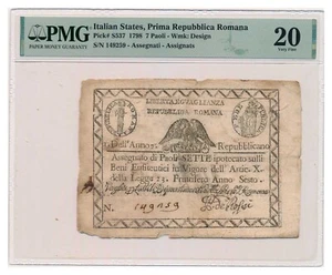 ITALIENISCHE STAATEN (REPUBBLICA ROMANA) Banknote 7 Paoli 1798 PMG SS 20 sehr schön - Bild 1 von 7