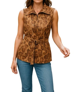 NEW ST. JOHN SPORT Brown Animal Print Collared Full Zip Belted Vest Medium - Picture 1 of 10