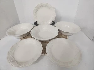 6 Piece PIONEER WOMAN  Paige Linen Off White Beaded 3 Salad Plates & 3 Bowls EUC - Picture 1 of 9