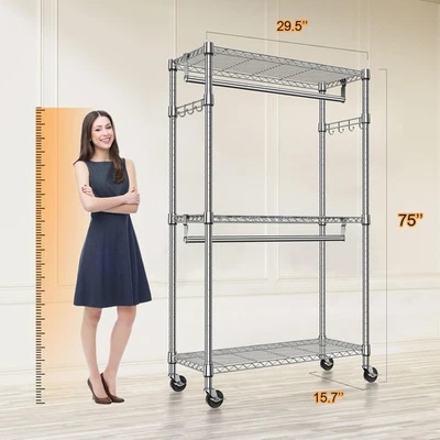 MZG 75" Heavy Duty Garment Rack Rolling Storage Closet Clothing Racks Wheels Silver