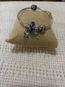 Pandora Bracelet 6.5 Inch Bangle Purple Murano -Heart Barrel-2 Dangle Charms (4) - Picture 1 of 4