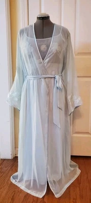 Vintage Jones New York Blue Satin Nightgown /Chiffon Robe Set Embroidered XL  - Image 1 of 4