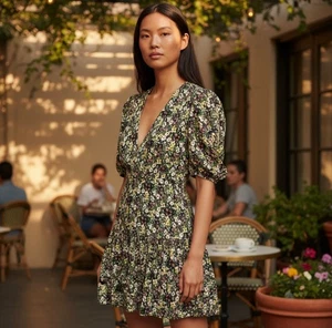 Vestido AFRM Rosa Floral Joanna Cintura Calada Cuello en V Nuevo con Etiquetas Talla Grande - Imagen 1 de 10