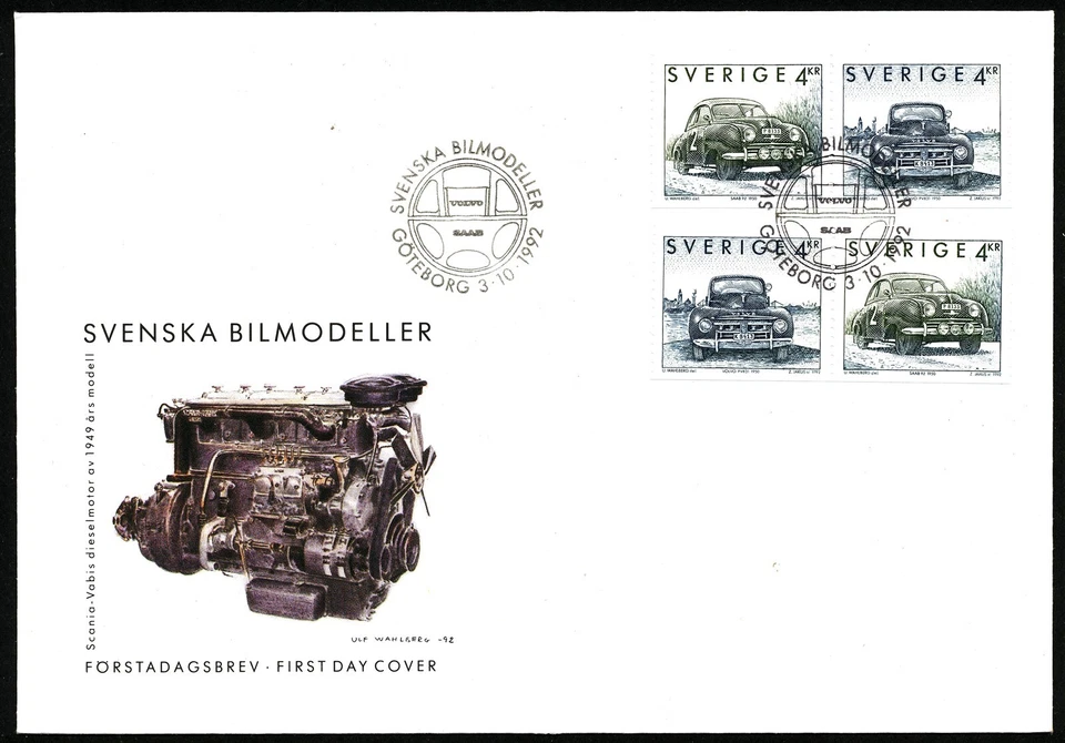 Coches Suecia 1992 Cachet FDC Volvo SAAB. Grabador Jakus Foto 1 de 1