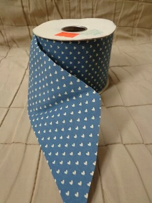 NEW Vintage 25 Yards RIBBON Love Blue Cream Hearts RIBBON 2.5" Wide - Image 1 of 3