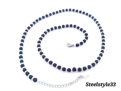 COLLAR HOMBRE MUJER CUENTAS ÁGATA NEGRA Y CADENA ACERO INOXIDABLE JOYERÍA Foto 1 de 3