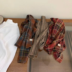 Mens 100% Cotton Plaid Striped Scarf Shawl Unisex Preppy Breathable Soft Scarves - Picture 1 of 9