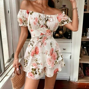 WOMEN'S FLORAL PRINT OFF SHOULDER PUFF SLEEVE TIE BACK LAYERED HEM ROMPER DRESS - Picture 1 of 4
