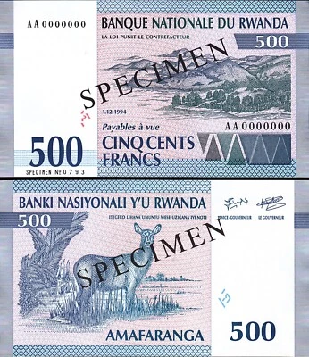 Rwanda 500 Francs 1994, UNC, SPECIMEN, AA 0000000, P-23s - Image 1 of 3