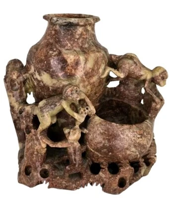 Антикварная китайская ажурная ваза-кадильница ручной работы из мыльного камня уникальная обезьяна декор - Изображение 1 из 4