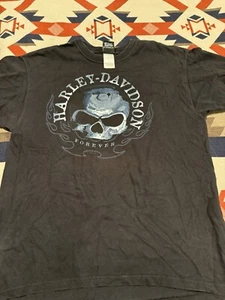 Harley Davidson T-Shirt Skull & Flames Sz L “ Deluxe H-D Shop Gillette, Wyoming” - Picture 1 of 4